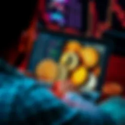 A person analyzing various cryptocurrencies like Chainlink, HBAR, and XRP on a laptop with dollar bills around them.