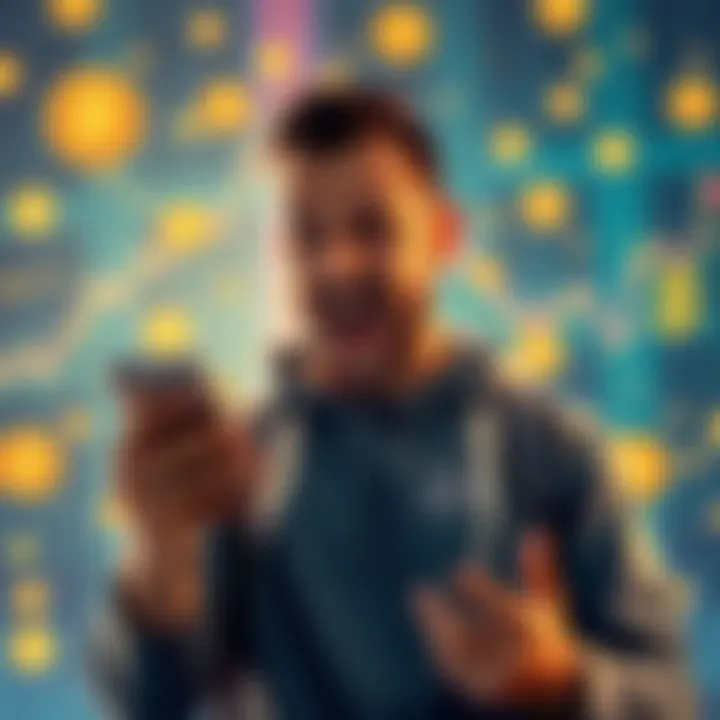 A man excitedly looking at his smartphone, showing cryptocurrency prices and graphs, with a backdrop of digital coins and dollar signs, expressing joy and optimism.