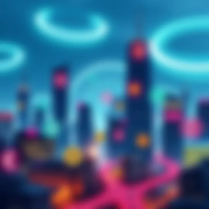 A futuristic city skyline with digital currency symbols representing the growth of cryptocurrency and its institutional adoption.