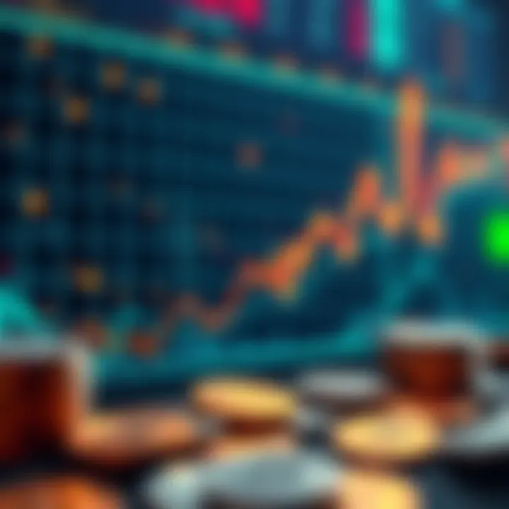 A financial chart displaying rising cryptocurrency prices with various digital coins in the background.