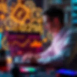 A person analyzing cryptocurrency charts on a laptop, surrounded by digital currency symbols and technology elements.