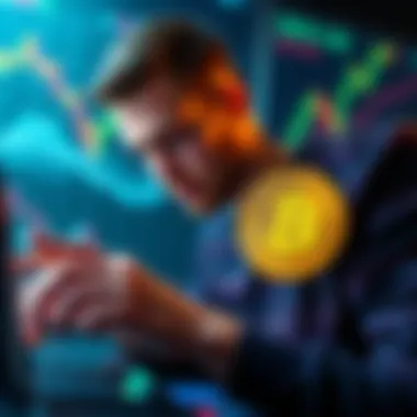A first-time investor reviewing cryptocurrency options like Bitcoin and Ethereum on a digital platform, with graphs and charts in the background.