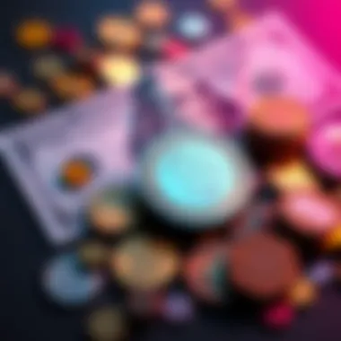 A pile of colorful cryptocurrency coins next to a twenty-dollar bill, representing small investments in crypto.