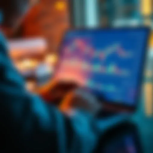 A person analyzing cryptocurrency market trends on a laptop with graphs and digital coins visible on the screen