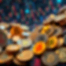 A collage of various cryptocurrency tokens with a chaotic digital background representing market fluctuations and investor uncertainty.