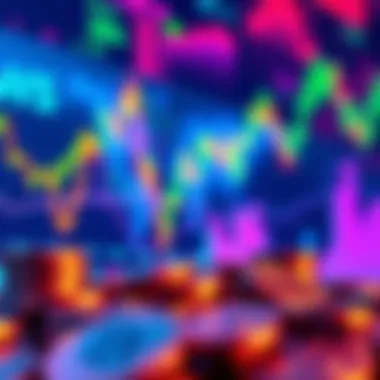 Colorful graph showing rising cryptocurrency prices with coins in foreground