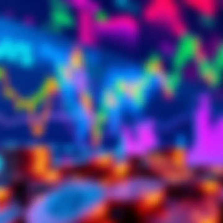 Colorful graph showing rising cryptocurrency prices with coins in foreground