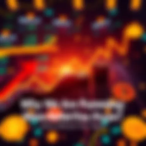 A graphic showing rising cryptocurrency prices with arrows and digital coin icons, symbolizing market excitement and speculation.