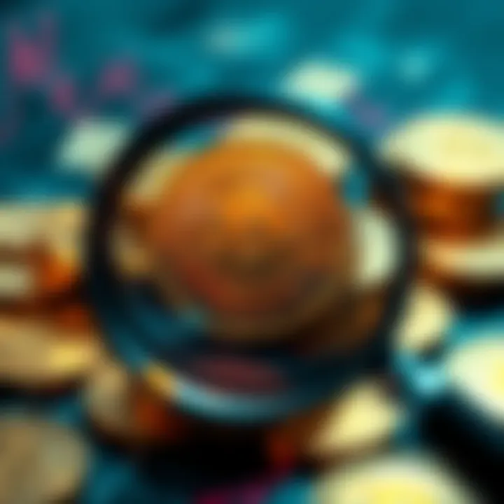 Cryptocurrency Regulations A digital representation of cryptocurrency coins under a magnifying glass, symbolizing scrutiny and regulations.