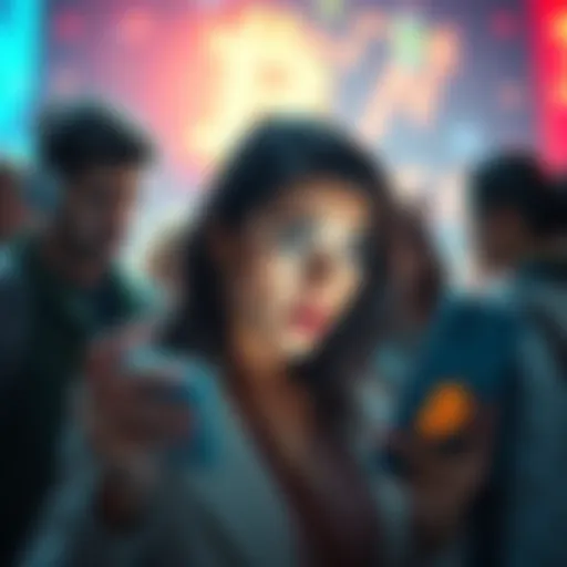 People looking shocked while checking their investment losses on a smartphone, with cryptocurrency symbols in the background.