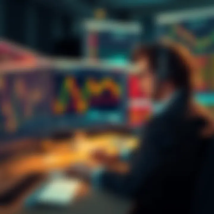 A trader looking at fluctuating cryptocurrency charts on a computer screen, with graphs showing sharp rises and falls in value.