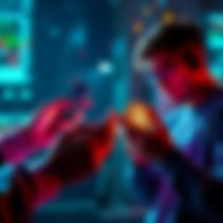 Showcasing two people using smartphones to send cryptocurrency, symbolizing peer-to-peer transactions.