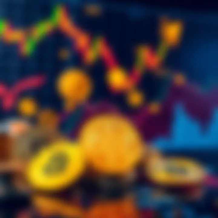 Various cryptocurrency symbols with a financial chart backdrop showing upward trends.