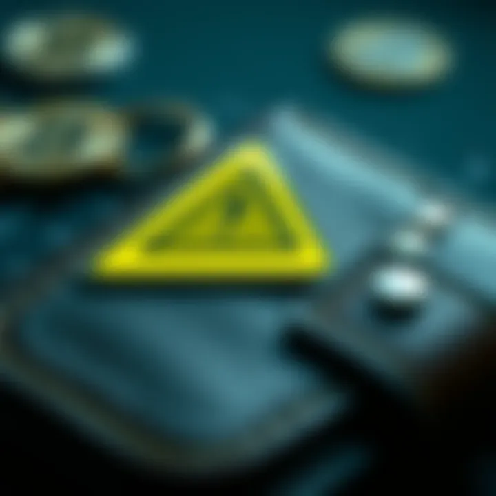 A close-up of a cryptocurrency wallet showing a warning sign, emphasizing the importance of careful transactions to avoid losses.