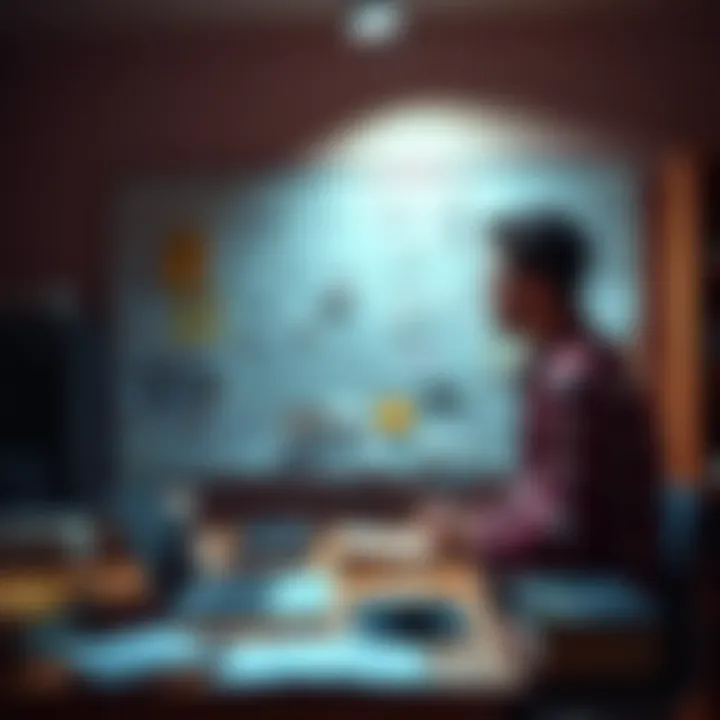 A final-year computer science student writing on a whiteboard filled with cryptocurrency project ideas and notes, surrounded by books and a laptop.