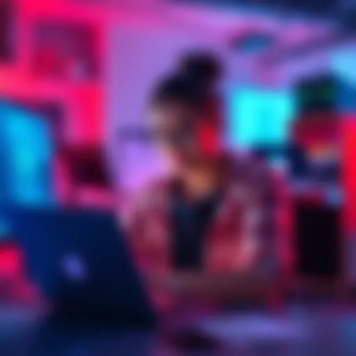 A young woman with a laptop is searching for teammates for an AI hackathon, surrounded by coding notes and a bright workspace.