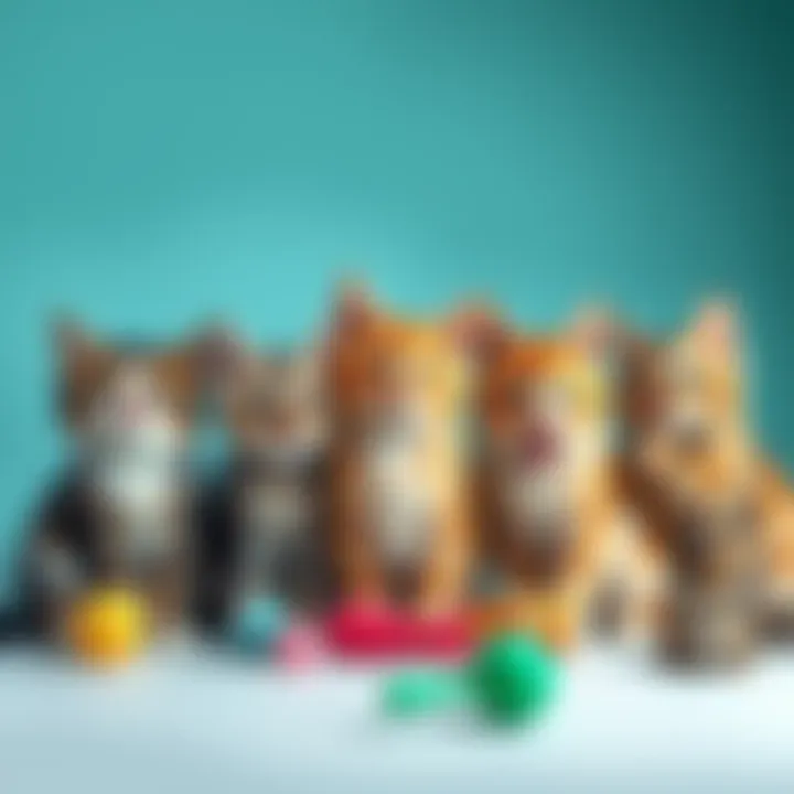 A group of cute cats sitting together, showing different breeds and playful expressions, surrounded by cat toys