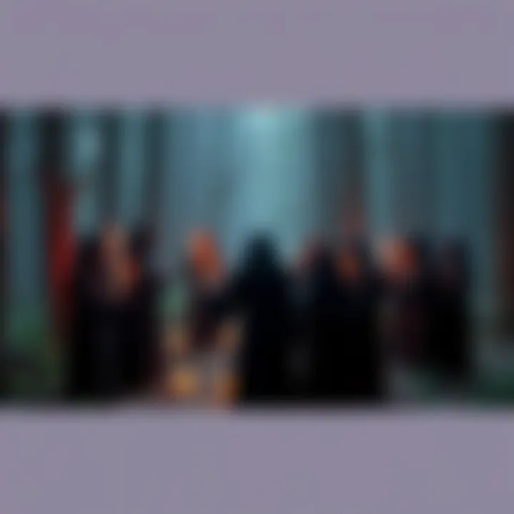 A group of individuals dressed in dark robes standing in a circle, holding candles and chanting in a secluded forest area.