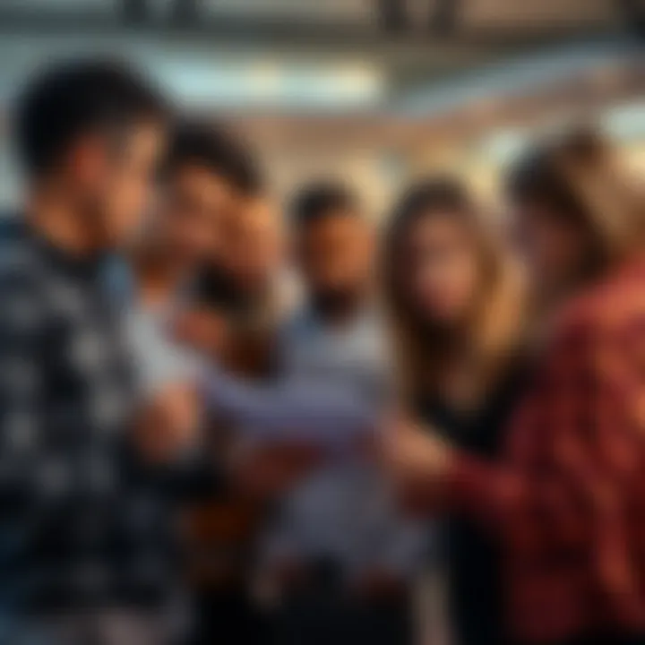 A group of people engaged in conversation, looking at a brochure about a new offer, evaluating its legitimacy.