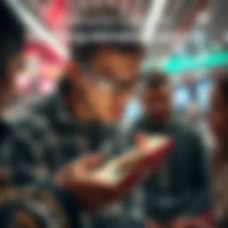 A person looking closely at an interesting item in their hands, surprised by its value, surrounded by friends discussing.