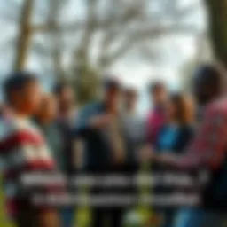 A group of residents in a community park, looking puzzled and talking amongst themselves about a recent surprising incident, with one person pointing while others listen intently.