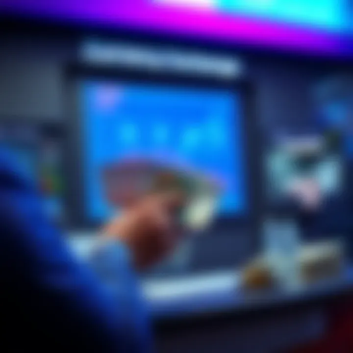 A person exchanging euros for USDC at a currency exchange desk, showing a decline in value on a screen.