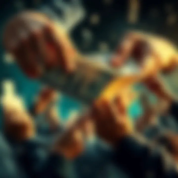 Currency Manipulation A visual representation of fiat currency being manipulated, showing hands adjusting bills while people struggle to hold their finances, symbolizing the system's unfairness.