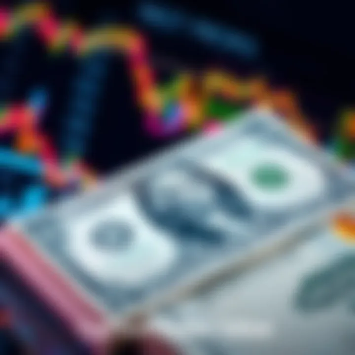 A close-up of a one dollar bill with financial charts in the background