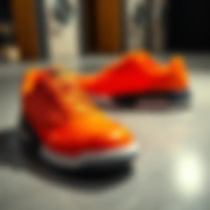 Bright orange custom lace-up sneakers with black outsole and white stitching displayed on a surface
