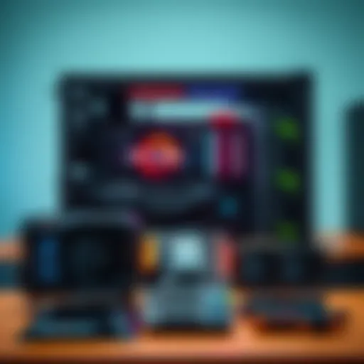 A table displaying various PC components like a Ryzen CPU, Gigabyte motherboard, and graphics card, ready for assembly.