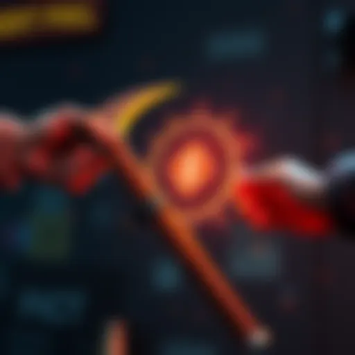 A custom pick axe being transferred between two digital accounts with a secure wallet symbol