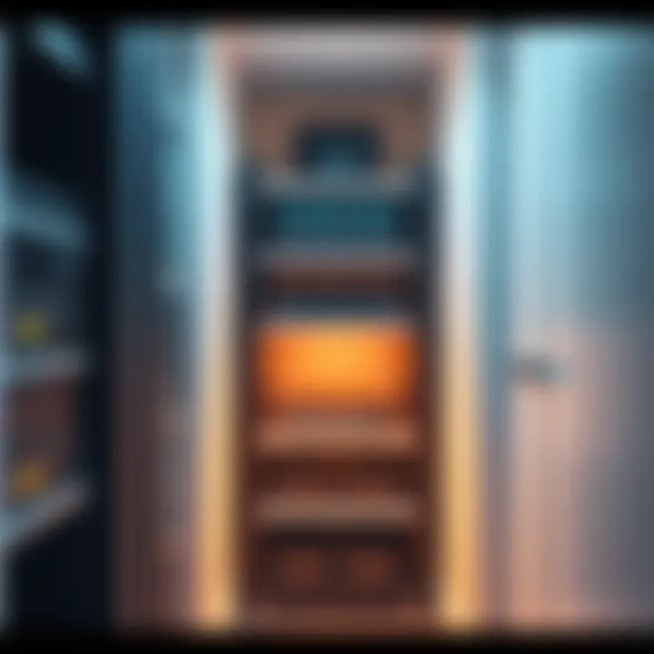 A custom-built server rack designed to reduce hard drive vibrations, situated in a tidy closet with visible HDDs and shelves.