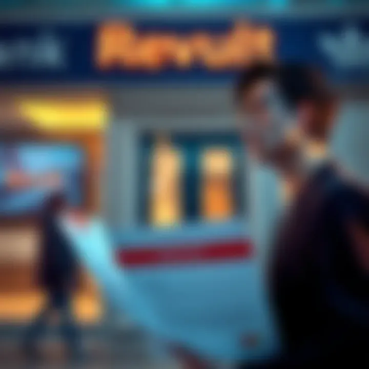 A customer standing in front of a bank holding a complaint document about account closures, looking concerned.