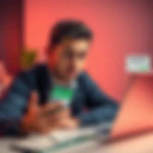A person looking confused and frustrated while holding a phone, with a laptop showing a closed account message in the background.
