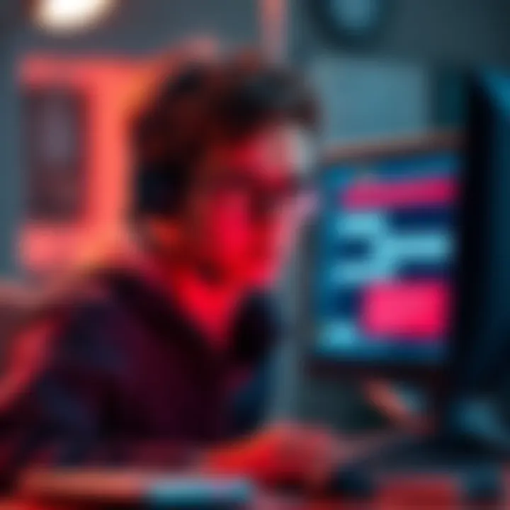 A customer support agent appearing frustrated while responding to a chat inquiry with a computer screen showing scripted replies in the background