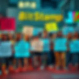Group of frustrated customers holding signs asking for their frozen funds from Bitstamp