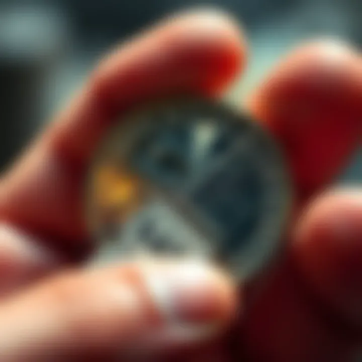 A close-up view of a cut expensive coin being held by a hand, showing its damaged edge and shiny surface, with a price tag of $40 attached.
