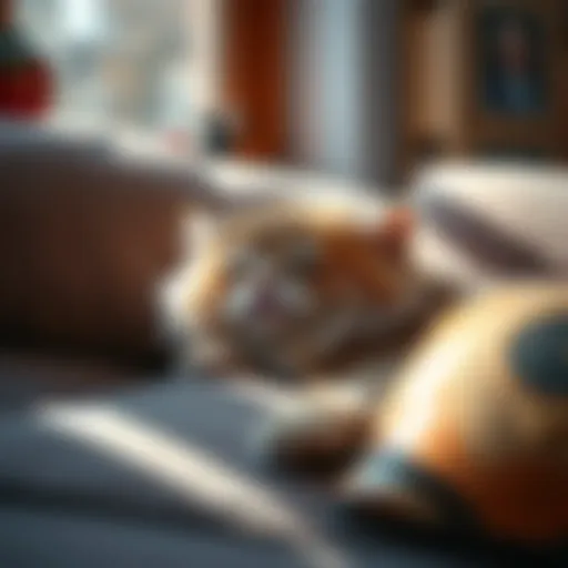 A fluffy cat lounging peacefully on a couch, enjoying a sunny spot