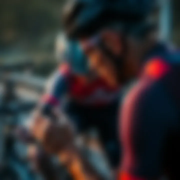 A cyclist checks their heart rate monitor during a training session, showing signs of increased heart rate despite lower perceived exertion.