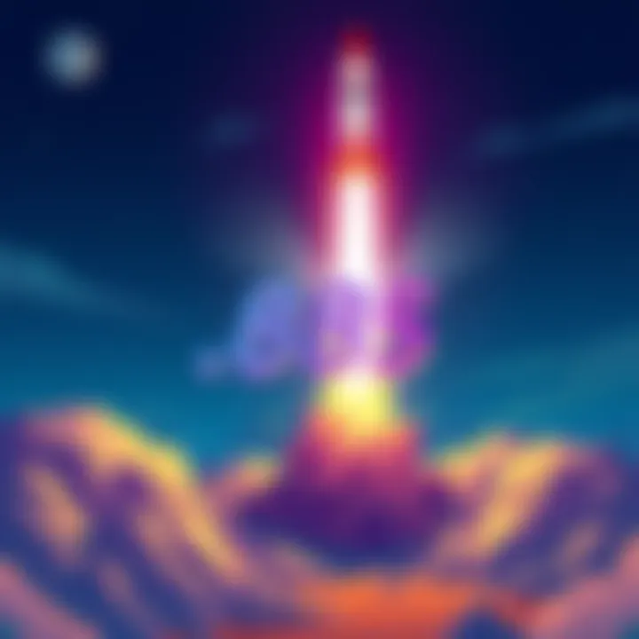 Da Bar HBAR Growth Illustration showing Da Bar (HBAR) symbol soaring above .885 with a rocket launch background expressing excitement and anticipation.