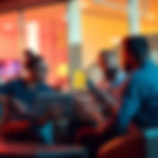 Daily Bitcoin Conversation A group of people discussing Bitcoin with laptops and smartphones in a casual setting