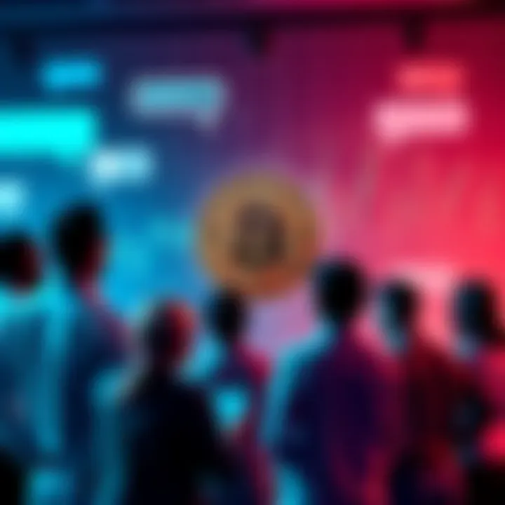 A group of people engaging in a lively discussion about Bitcoin with chat bubbles and digital graphs in the background.