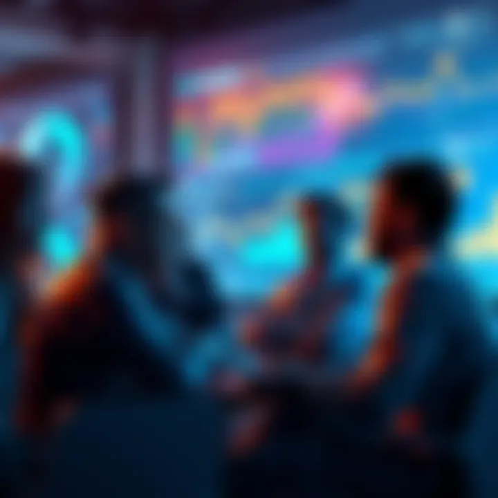 People engaging in a lively discussion about DeFi and Ethereum trends with charts and graphs in the background