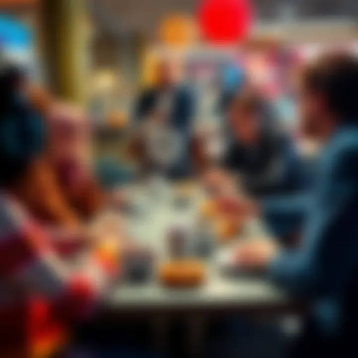 A group of people chatting around a table with donuts and coffee during a discussion.