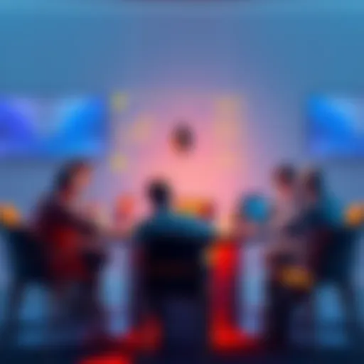 A group of people discussing DeFi and crypto trends at a round table with laptops and charts
