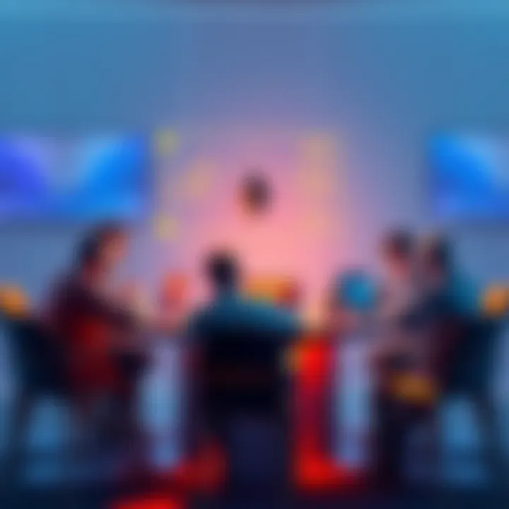 A group of people discussing DeFi and crypto trends at a round table with laptops and charts