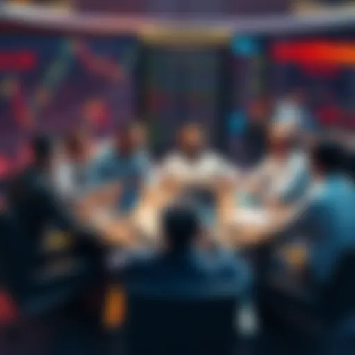 A group of people discussing trading strategies and insights with laptops and notes at a round table