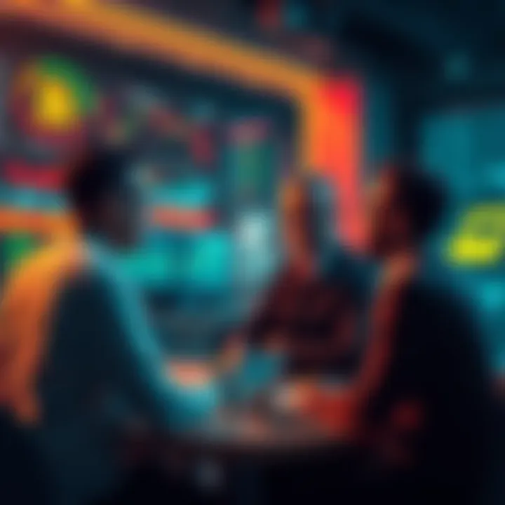 A group of people engaging in a discussion about trading strategies and current events, with a digital payment icon representing the Lightning Network for tipping.