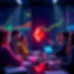 People engaging in a discussion about Ethereum with charts and news articles around them