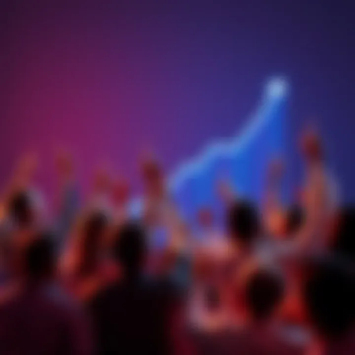 A group of people celebrating success while pointing at a chart showing upward progress in goal points.